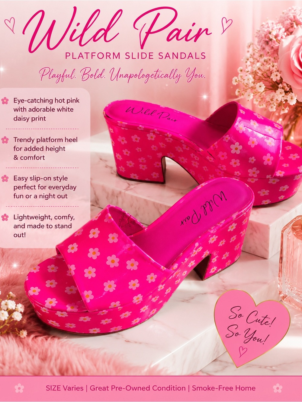 Wild Pair Bright Hot Pink Floral Platform Slide Sandals